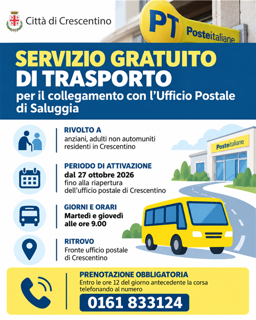 Attivato un servizio gratuito di trasporto per raggiungere l'Ufficio Postale di Saluggia